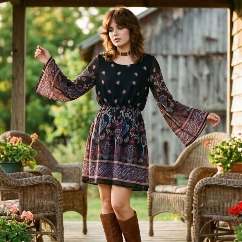 Y2k countrycore 70’s Belle sleeve paisley rue 21 long sleeve dress size medium